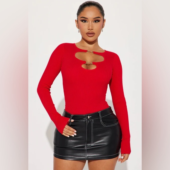 Tops - NWT FASHION NOVA Sara Red Cutout Ribbed Stretchy Bodysuit Sz Large $30